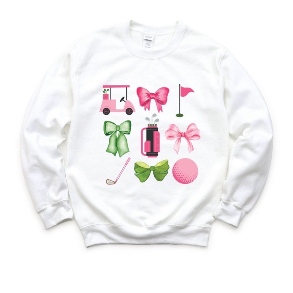 White Sweatshirt with Pink and Green Golf Graphics